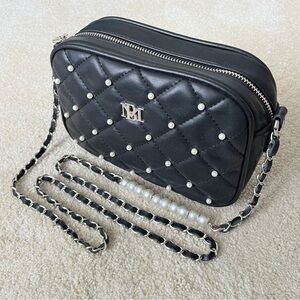 Badgley Mischka Quilted Faux Leather Small Crossbody Purse Bag-Black/Pearl-CLEAN